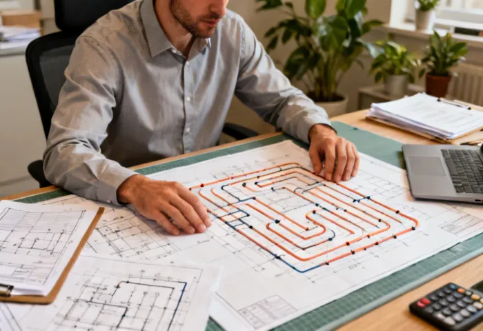 Uponor engineering team reviewing system design plans